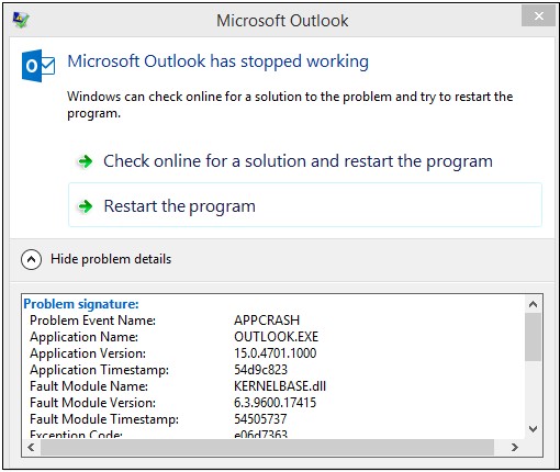 outlook 2016 crashes on startup faulting module unknown