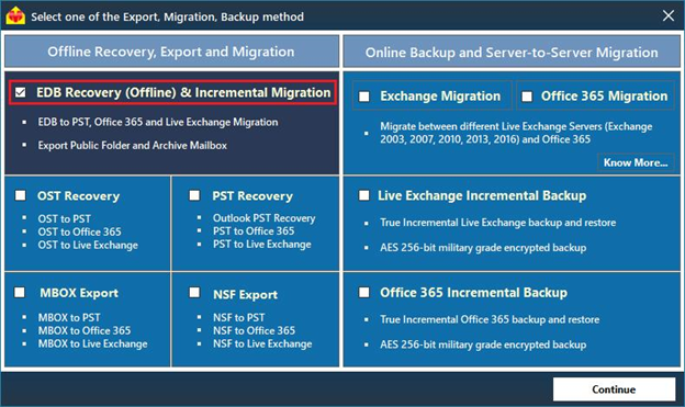 Select the Export Method as "EDB Recovery (Offline) & Incremental Migration" and click "Continue"