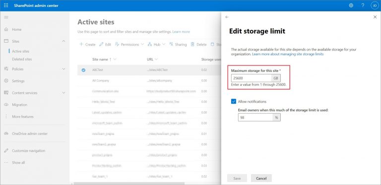 Check your SharePoint online storage information