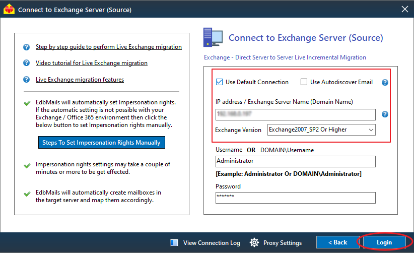 Exchange Default Connection